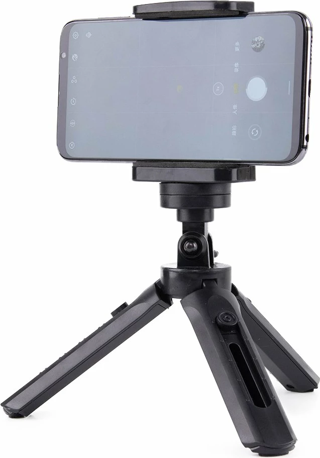 Mini tripod/selfie stick Hurtel 16-21 cm, për celular/GoPro, kllapë 55-90 mm, rrotullim 360°, i zi