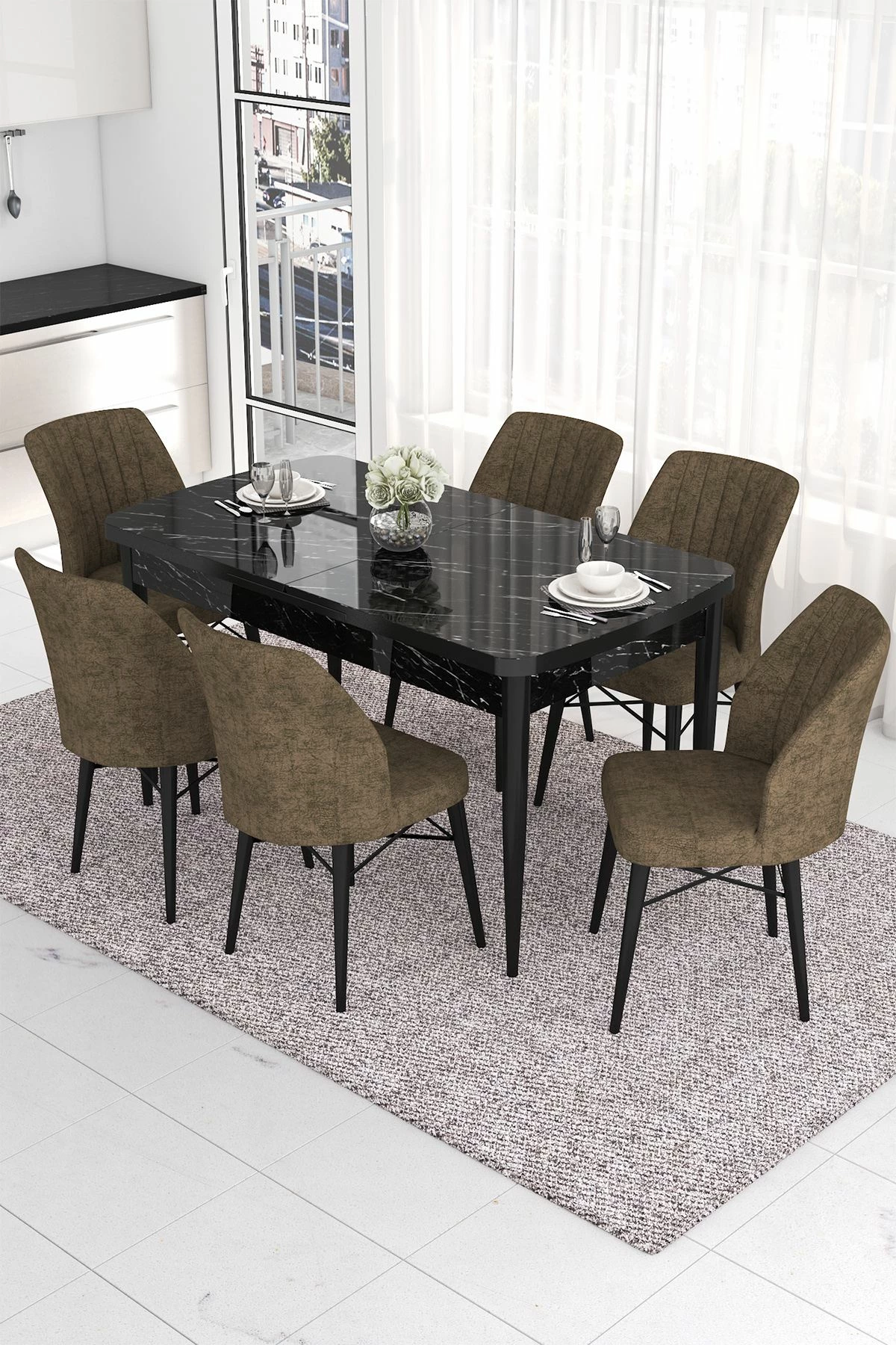 Tavolinë me karrige, zgjatshme, 7 copë, Skye Decor, Eva, mermer i zi, kafe