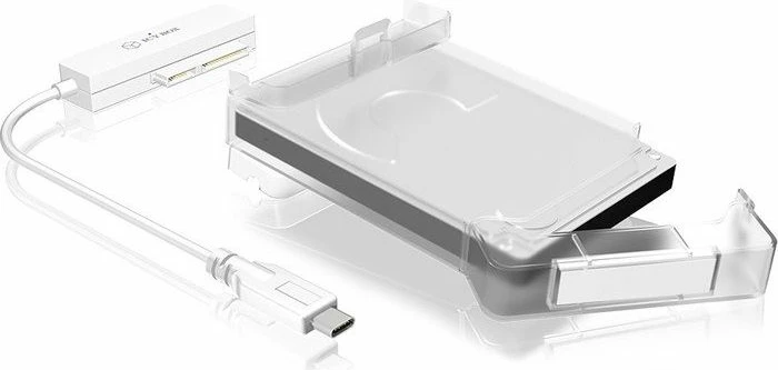 Kasë e jashtme për disk ICYBOX IB-AC703-C USB-C 3.2 Gen 1 për 2.5\" SATA HDD/SSD, 5Gb/s, UASP, e bardhë transparente, set me kapak mbrojtës + kabllo USB-C