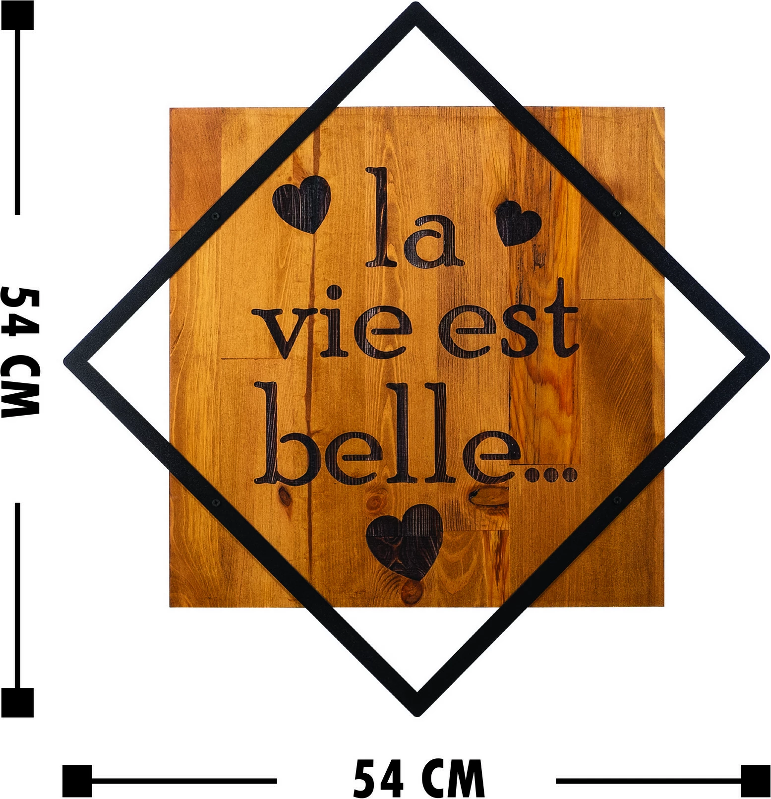 Aksesor dekorativ muri prej druri, Wallity, La Vie Est Belle, ngjyrë arre, e zezë, 54x54cm