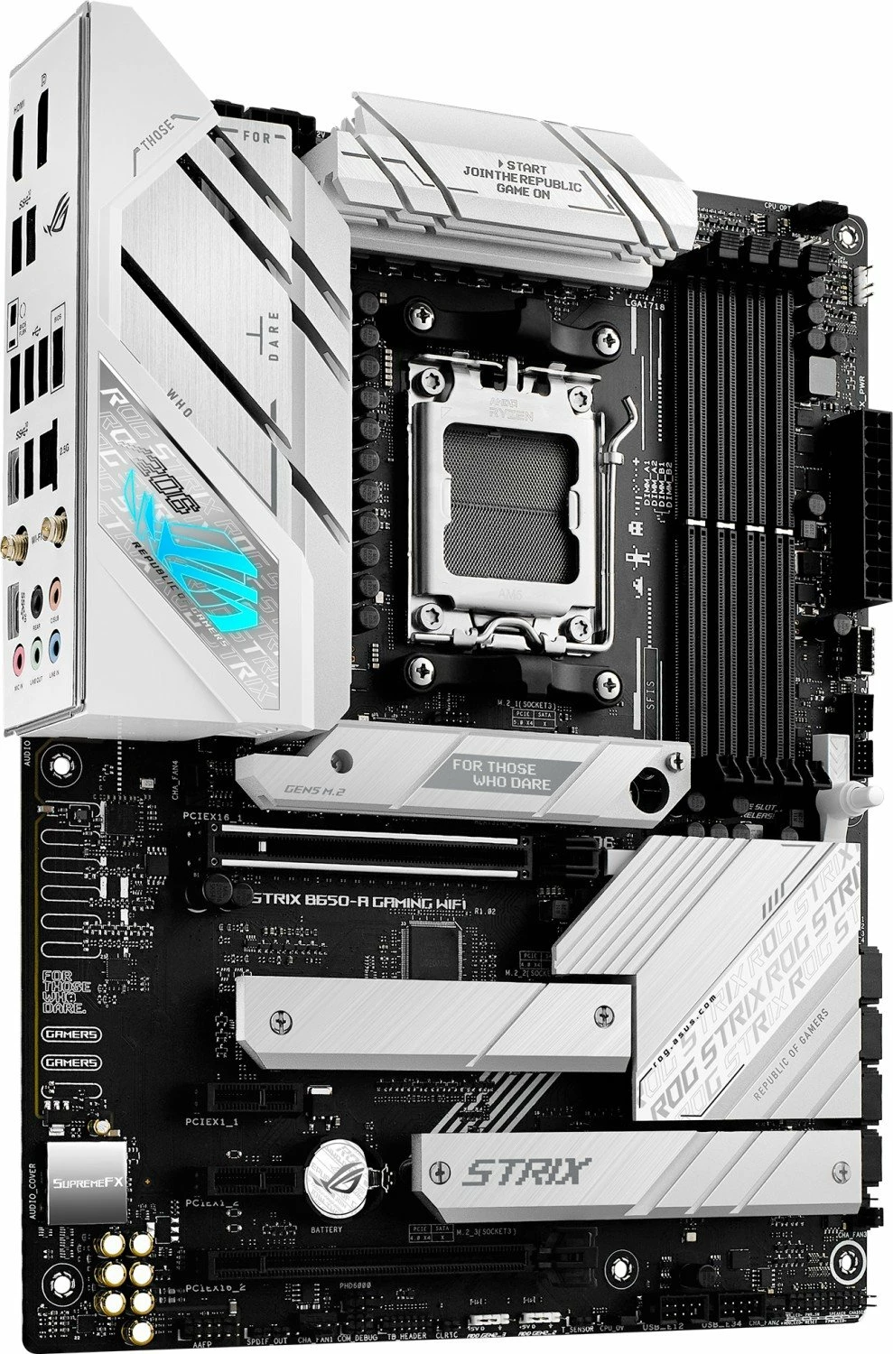 Pllakë amë Asus ROG Strix B650-A Gaming WiFi, ATX, DDR5, Wi‑Fi 6E, 128GB RAM max, bardhë/zezë, me antenë WiFi