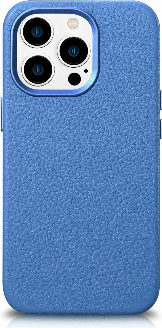 Mbështjellës iCarer Litchi Premium për iPhone 14 Pro, lëkurë natyrale, MagSafe, kaltër
