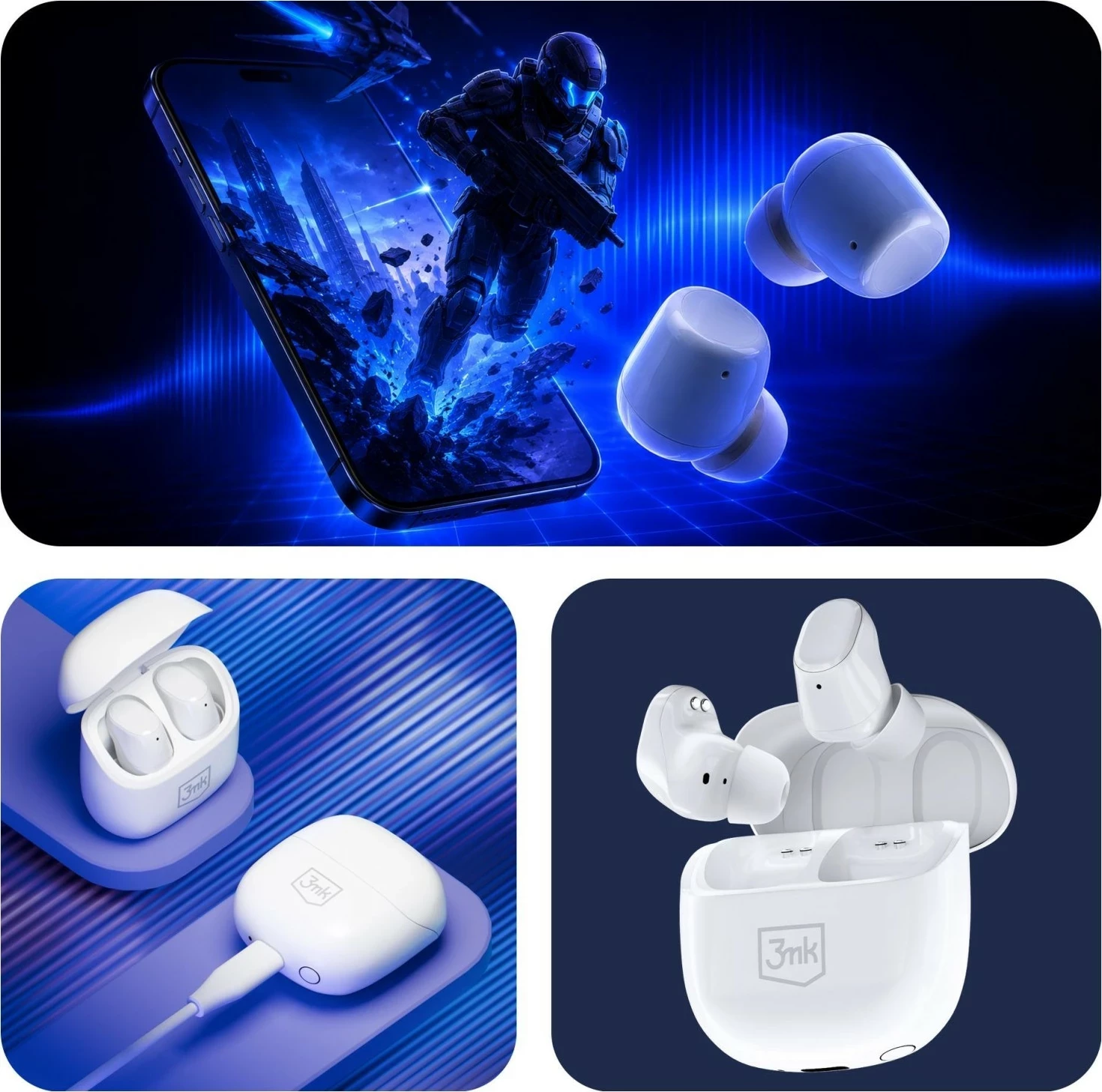 Kufje wireless 3MK BlitzBuds, Bluetooth 6.0, IPX5, të bardha