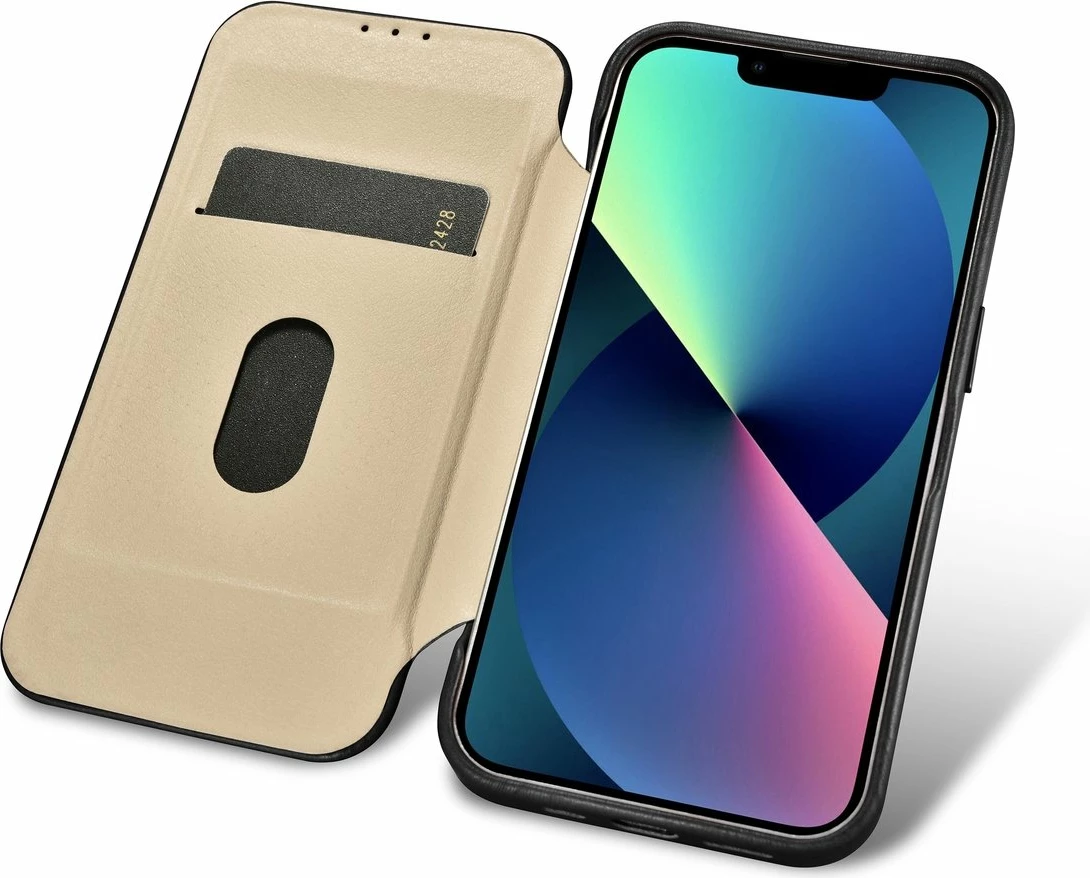 Mbështjellës iCarer Oil Wax Premium Leather Folio për iPhone 14 Plus, MagSafe, i zi