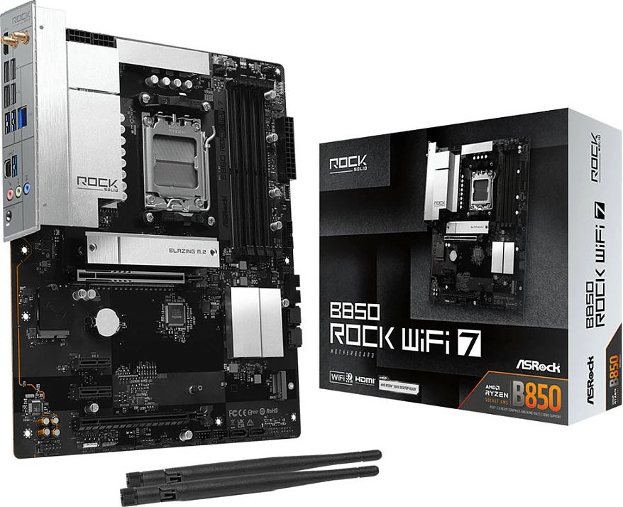 Pllakë amë ASRock B850 Rock WiFi 7, AM5, ATX, HDMI/USB-C, e zezë/argjendtë