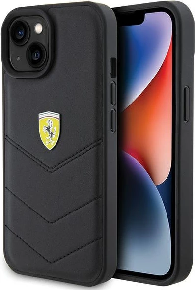 Mbështjellës Ferrari Quilted Metal Logo për iPhone 15, eko-lëkurë, i zi
