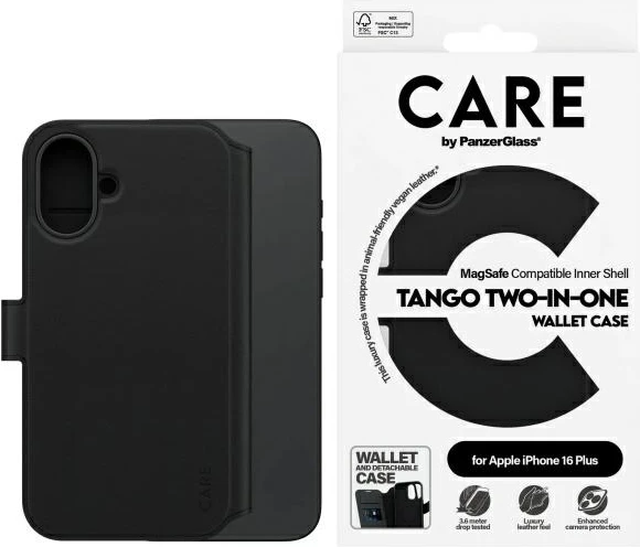 Mbështjellës PanzerGlass CARE Tango 2in1 Wallet MagSafe për iPhone 16 Plus, Zi