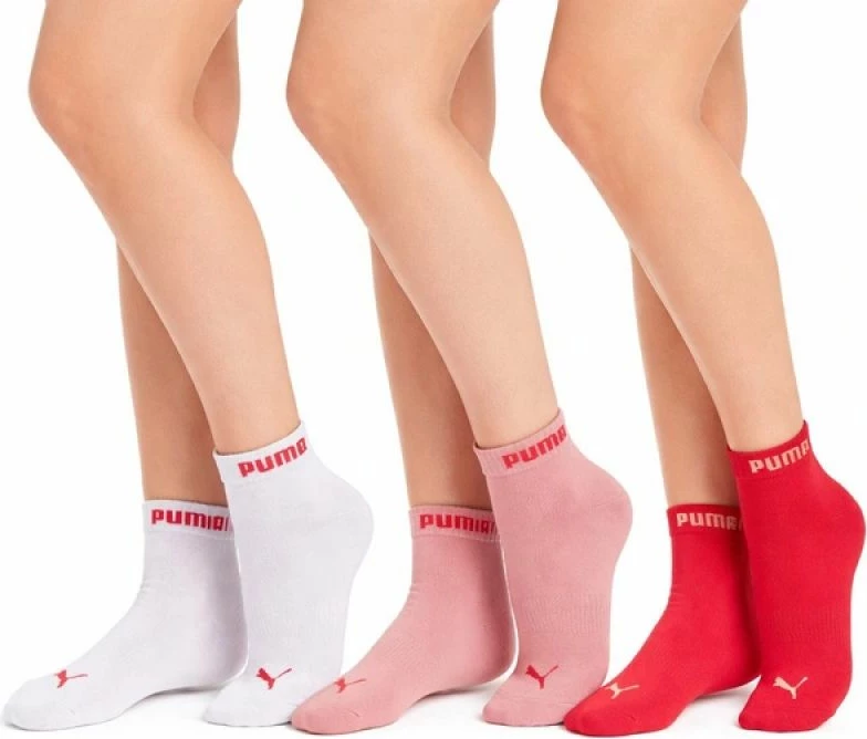 Çorape të shkurtra femrash Puma 3 copë, rozë/kuqe/të bardha