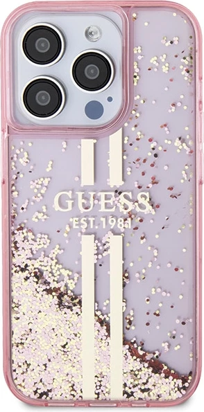 Mbështjellës Guess Liquid Glitter Gold Stripes për iPhone 15 Pro, Rozë