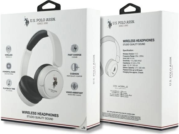 Kufje Bluetooth US Polo Assn. USHPV6PUNH, on-ear, të bardha, DH Color Logo