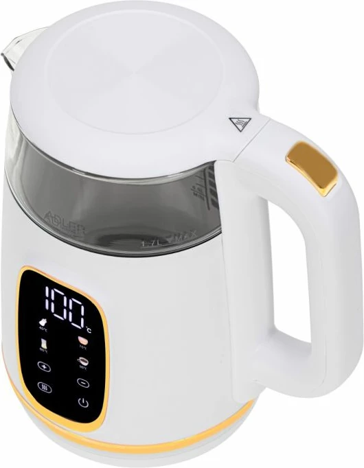 Çajnik elektrik ADLER AD 1305 WG 1.7L me kontroll temperature, ekran LED, prekje (touch), i bardhë/transparent me detaje ari