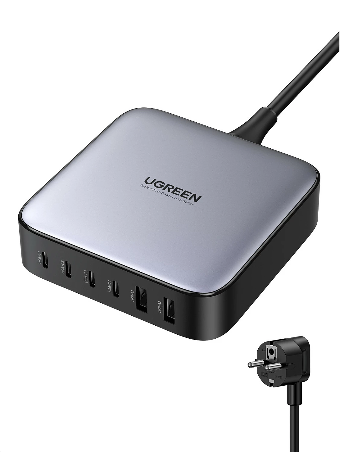 Karikues desktop Ugreen Nexode 40914, 200W, GaN, USB-C/USB-A, i zi/gri