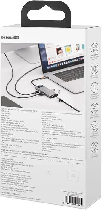 Kasë Baseus Metal Gleam Series CAHUB-CW0G, 6-në-1, USB-C në 3x USB 3.0 + HDMI + USB-C PD + Ethernet RJ45, Gri