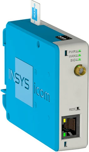 Router celular INSYS icom MIRO-L100, 4G LTE, 1x LAN Fast Ethernet, MiniSIM, montim në mur, Blu/Bardhë