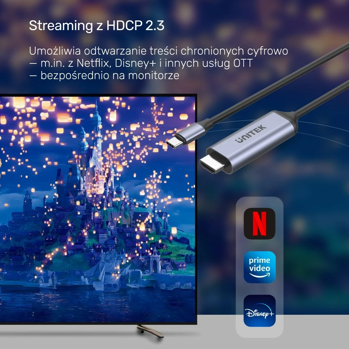 Kabëll USB-C në HDMI Unitek 8K, USB 4, HDR10+, HDCP 2.3, 1.8m, hiri