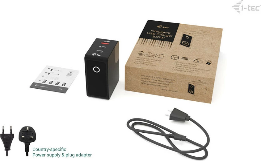 Karikues USB I-TEC 100W, 2x USB-C + 1x USB-A, me ekran LCD, i zi