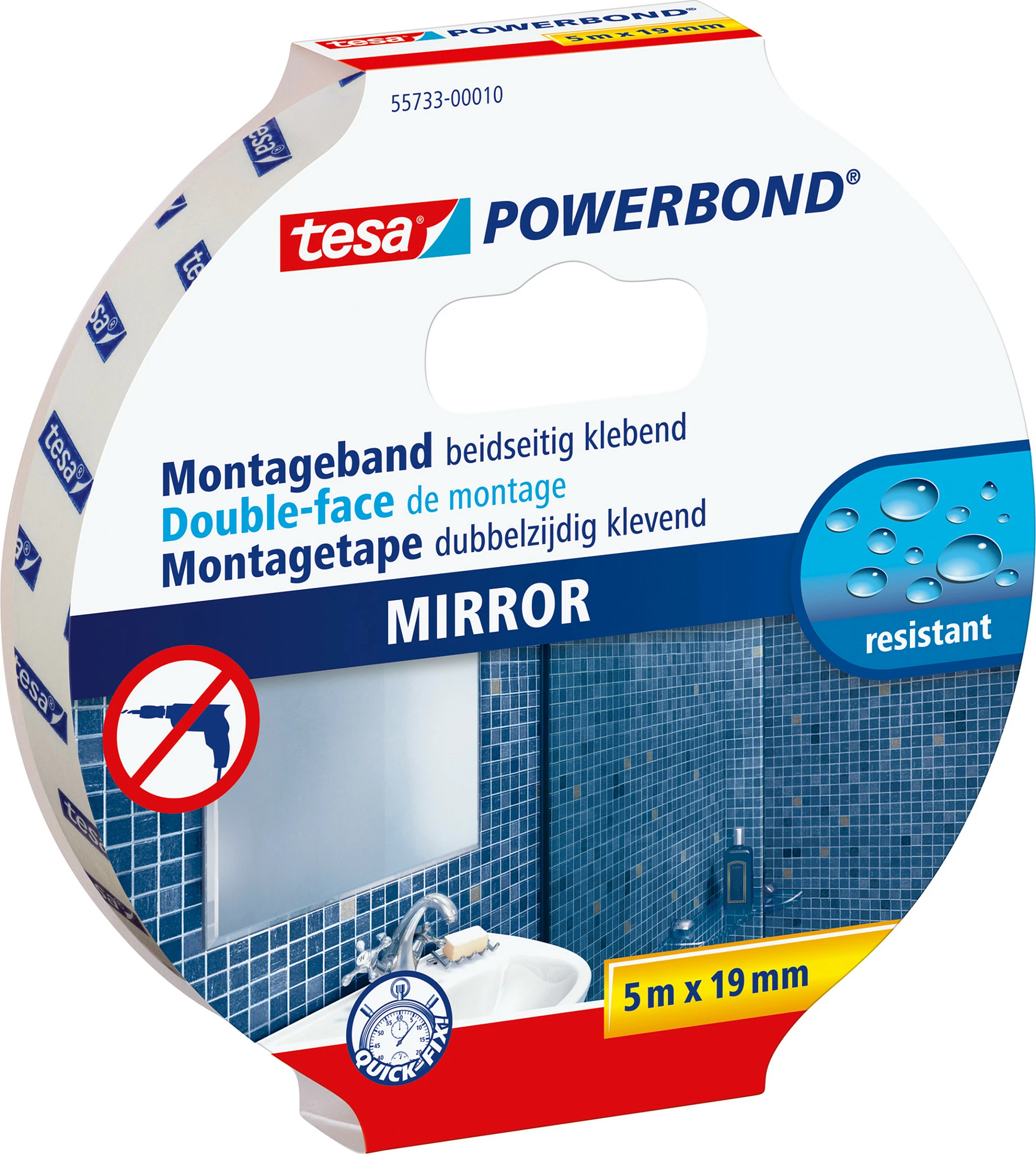Shirit montazhi dyanshëm Tesa Powerbond Mirror, 5 m x 19 mm, i bardhë