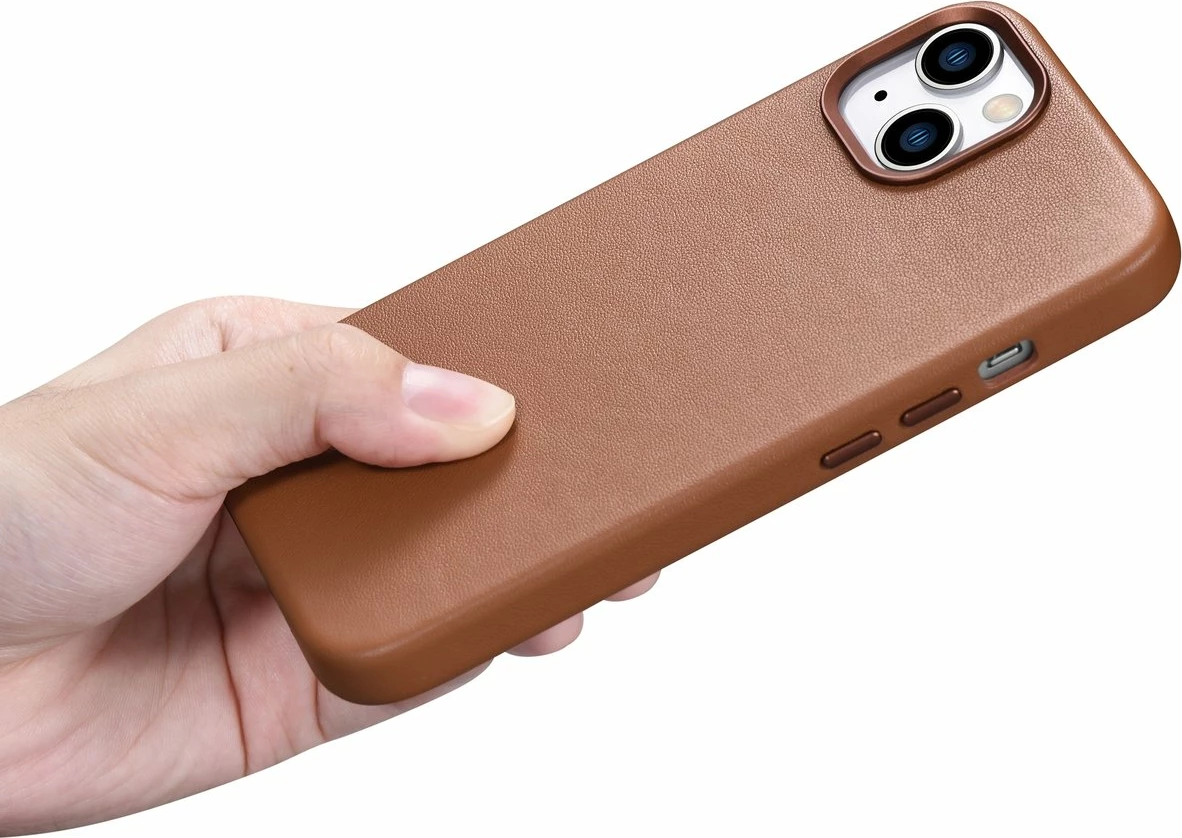 Mbështjellës iCarer për iPhone 14 Plus, lëkurë natyrale, MagSafe, Kafe