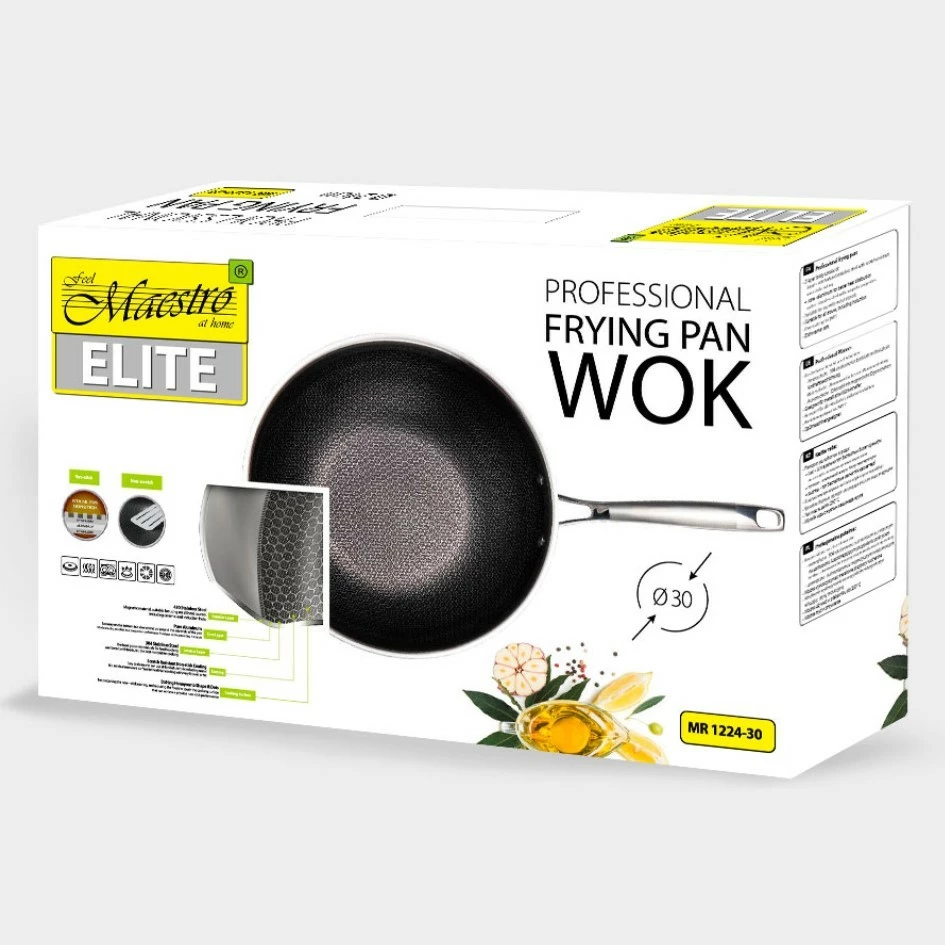 Tigan i thellë wok Feel-Maestro MR-1224-30, 30 cm, çelik inox, jo-ngjitës, argjend