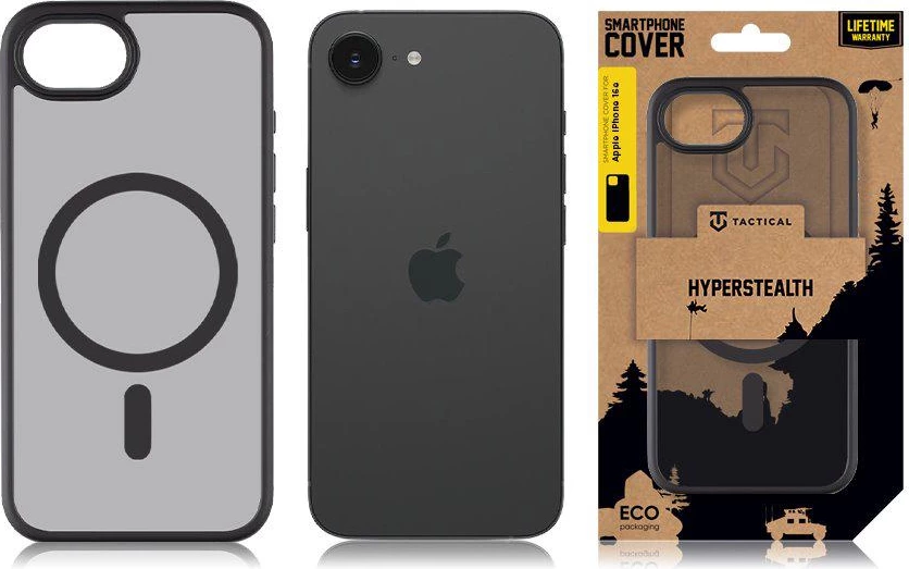 Mbështjellës Tactical MagForce Hyperstealth për iPhone 16e, MagSafe, TPU/PC, anti-shock, transparent i zi (Asphalt)