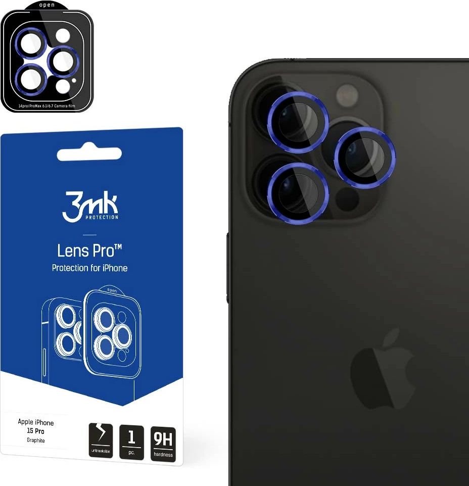 Mbrojtës xhami për kamerë 3mk Protection Lens Pro, për iPhone 15 Pro, me kornizë të kaltër