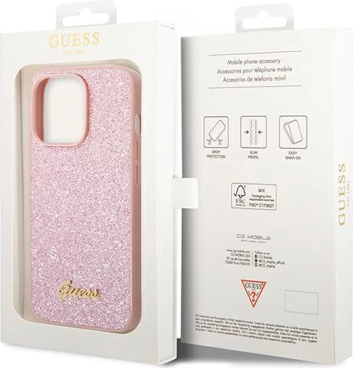 Mbështjellës Guess GUHCP14XHGGSHP për iPhone 14 Pro Max 6.7", Glitter Script, Rozë