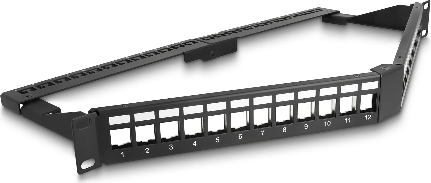 Patch panel DeLOCK 19" Keystone 24 porta, 1U i pjerrët, me strain relief, i zi
