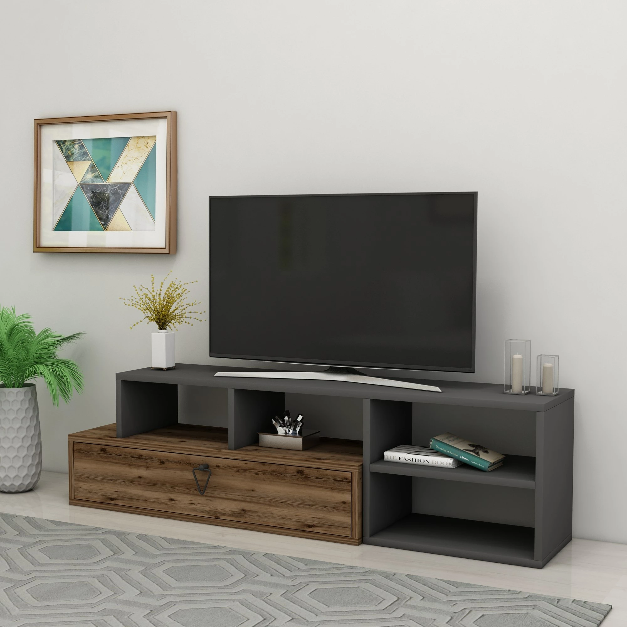 Komodë TV Hanah Home, Duru, ngjyrë arrë e çelët dhe antracit
