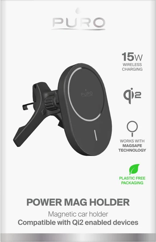 Mbajtës magnetik për celular me karikues wireless Puro PUSH2QIMAGBLK, 15W, MagSafe, i zi