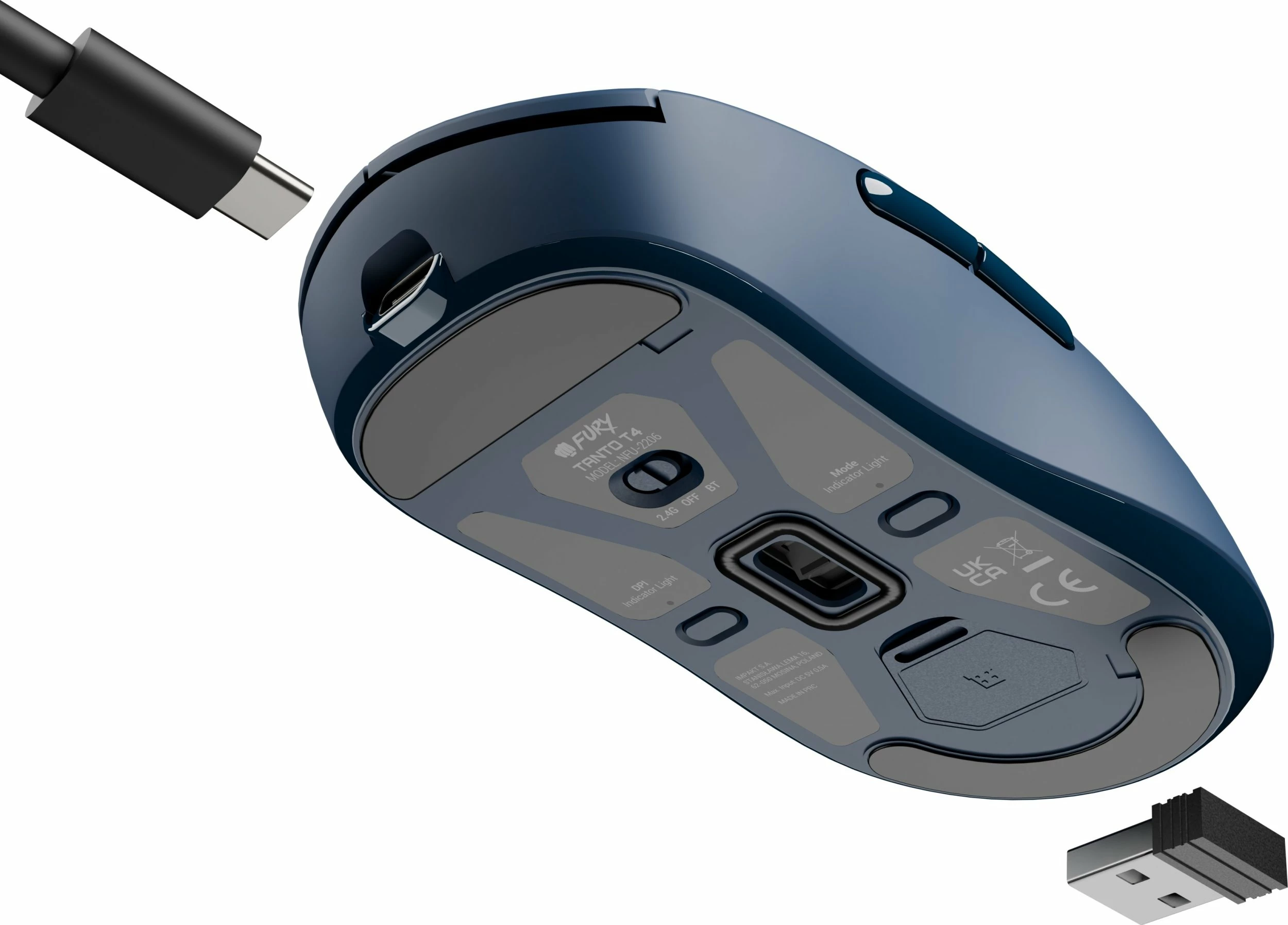 Maus gaming Fury Tanto T4 Wireless NFU-2206, 12000 DPI, tri-mode (2.4GHz/BT/USB), 53 g, navy blue
