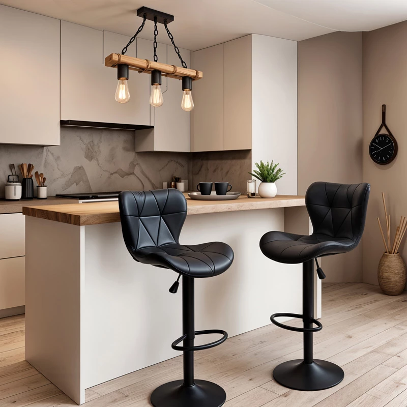 Karrige për bar Coozy, lartësi e rregullueshme, metal i zi mat me PU, set prej 2 copash