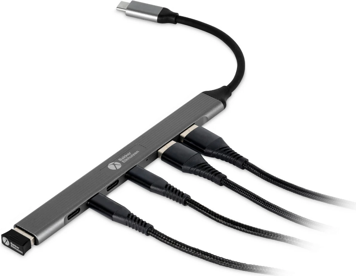 USB-C hub BakkerElkhuizen 7-në-1, 3x USB-A + 4x USB-C, 5 Gbps, aluminium, gri/zi
