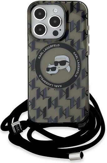 Mbështjellës Karl Lagerfeld IML Crossbody Monogram Karl & Choupette Head MagSafe për iPhone 15 Pro, Zi