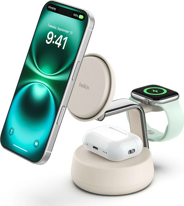 Stacion karikimi wireless Belkin Qi2, 3-në-1, 25W, USB-C 1.5m, i bardhë