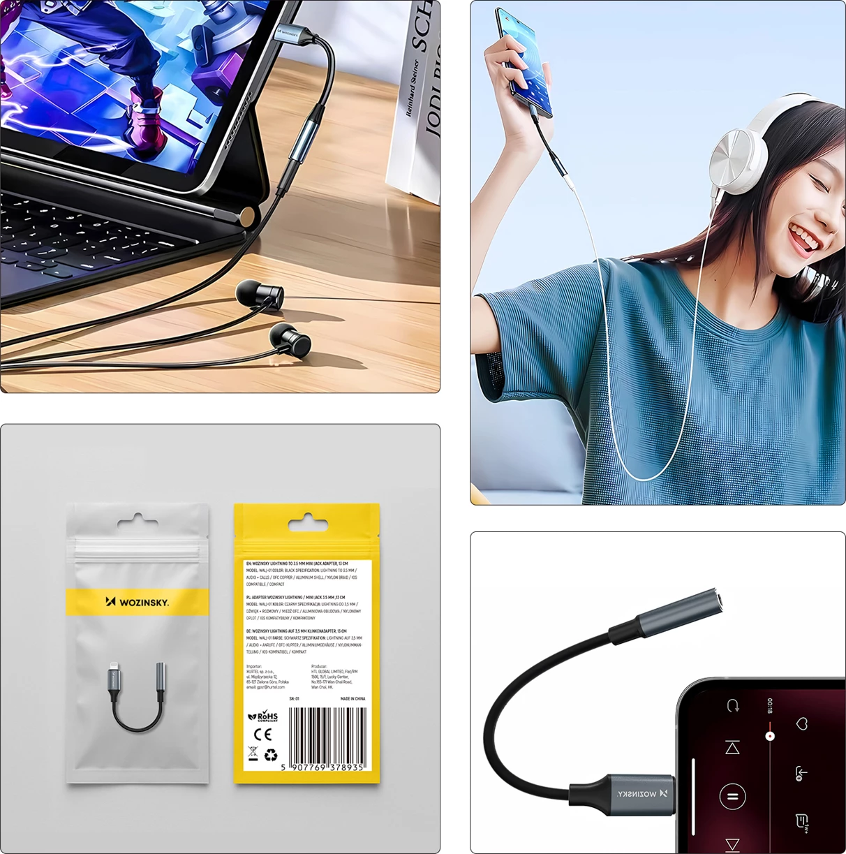 Adapter audio Lightning në 3.5 mm mini jack, Wozinsky, WALJ-01, alumini + TPE/nylon, HiFi, kompatibil me iPhone/iPad, zi