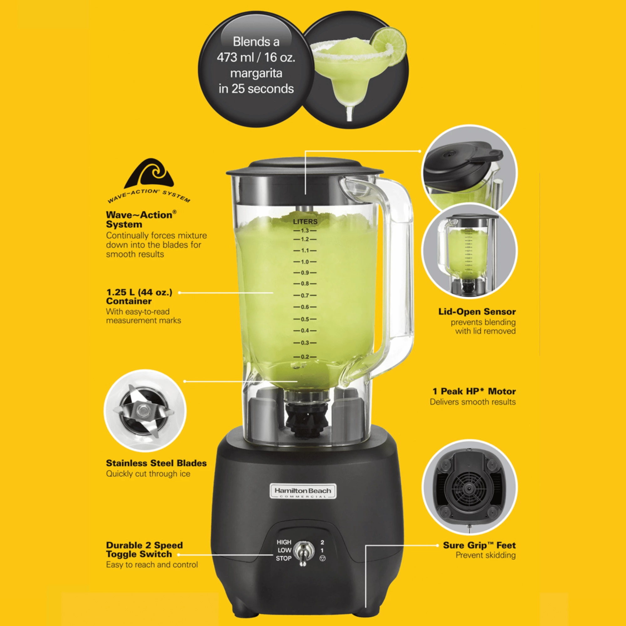Blender bar, Hamilton Beach Commercial, 908R (HBB 908R), 1.25 L, 2 shpejtësi, 1 HP, i zi