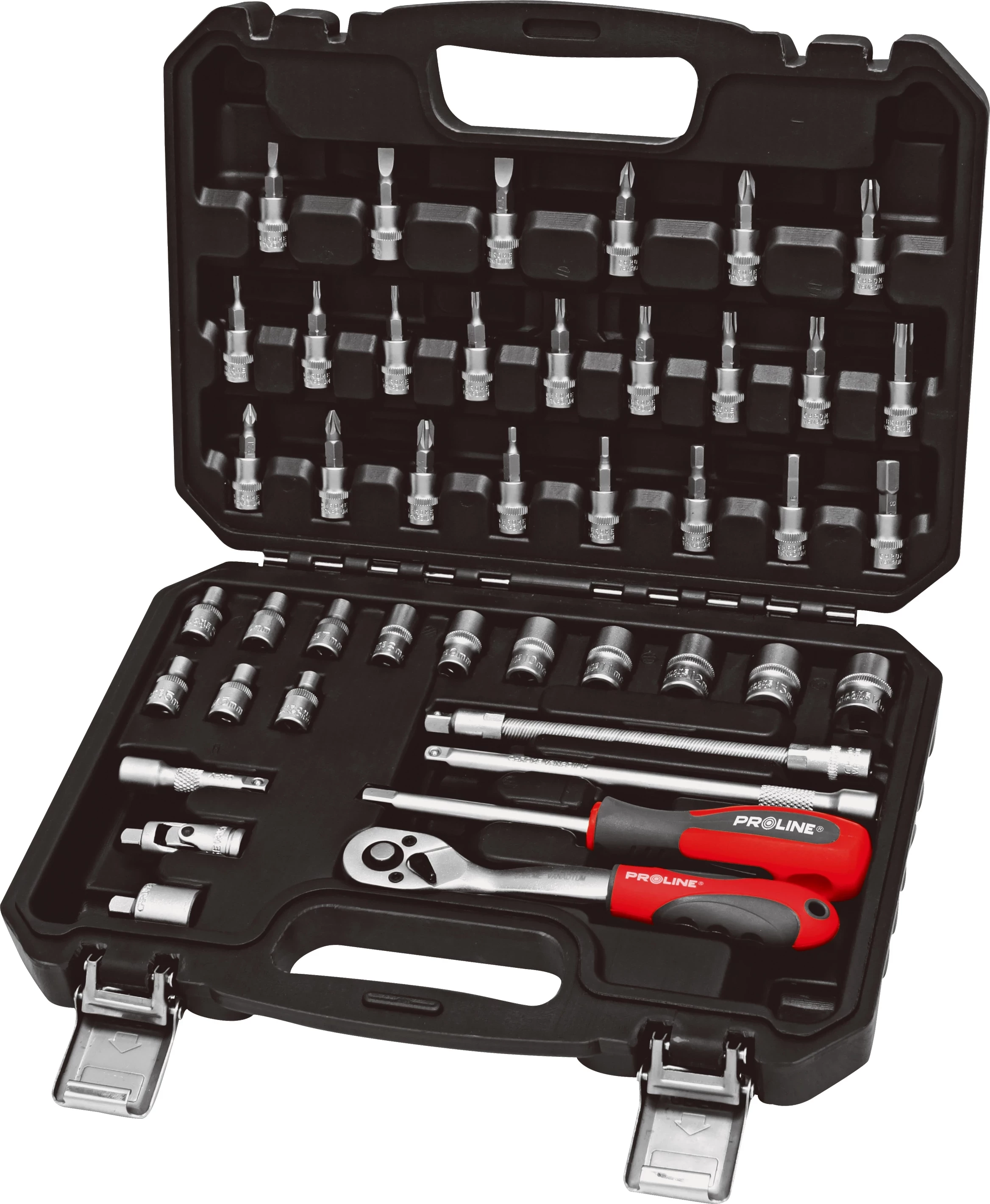 Set çelësash me soketa 1/4" PROLINE 58843 43 copë 4-14 mm zi/kuq
