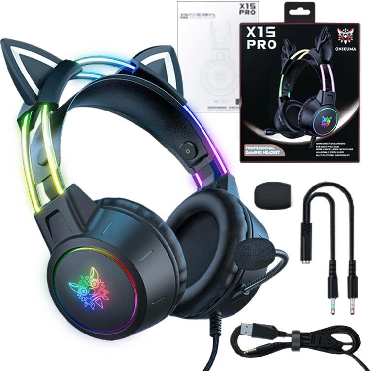 Kufje gaming ONIKUMA X15 PRO me veshë maceje, RGB, me mikrofon, e zezë