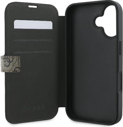 Mbështjellës Guess 4G Metal Logo për iPhone 16 Plus, kafe