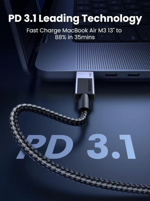 kabllo karikimi USB-C në USB-C UGREEN 45068, 240W, 2m, e thurur nylon, e zezë/gri