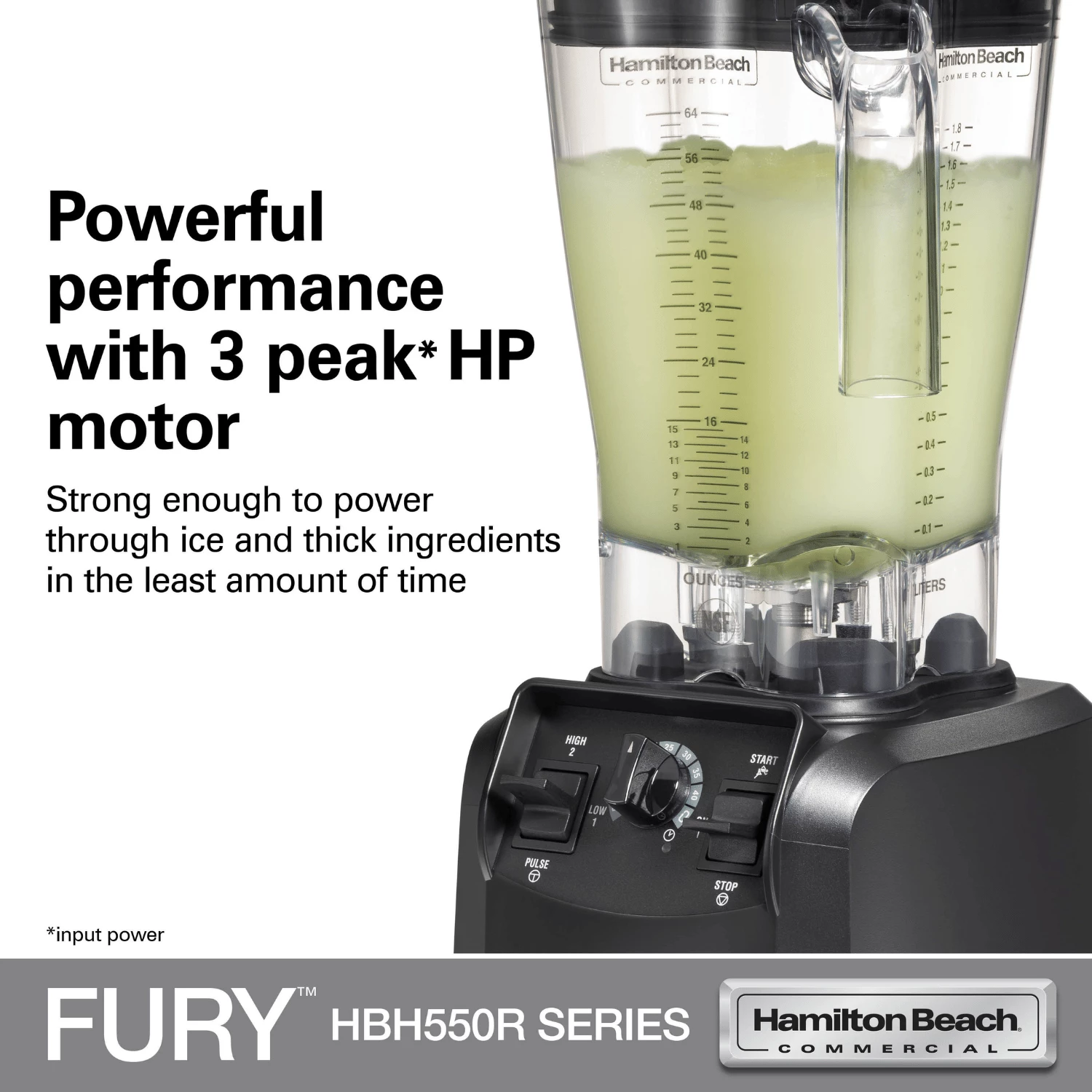 Blender performancë e lartë, Hamilton Beach Commercial Fury, 1.8 L, motor 3 HP, kohëmatës me fikje automatike, kavanoz BPA-free copoliester, 178x203x457 mm, e zezë