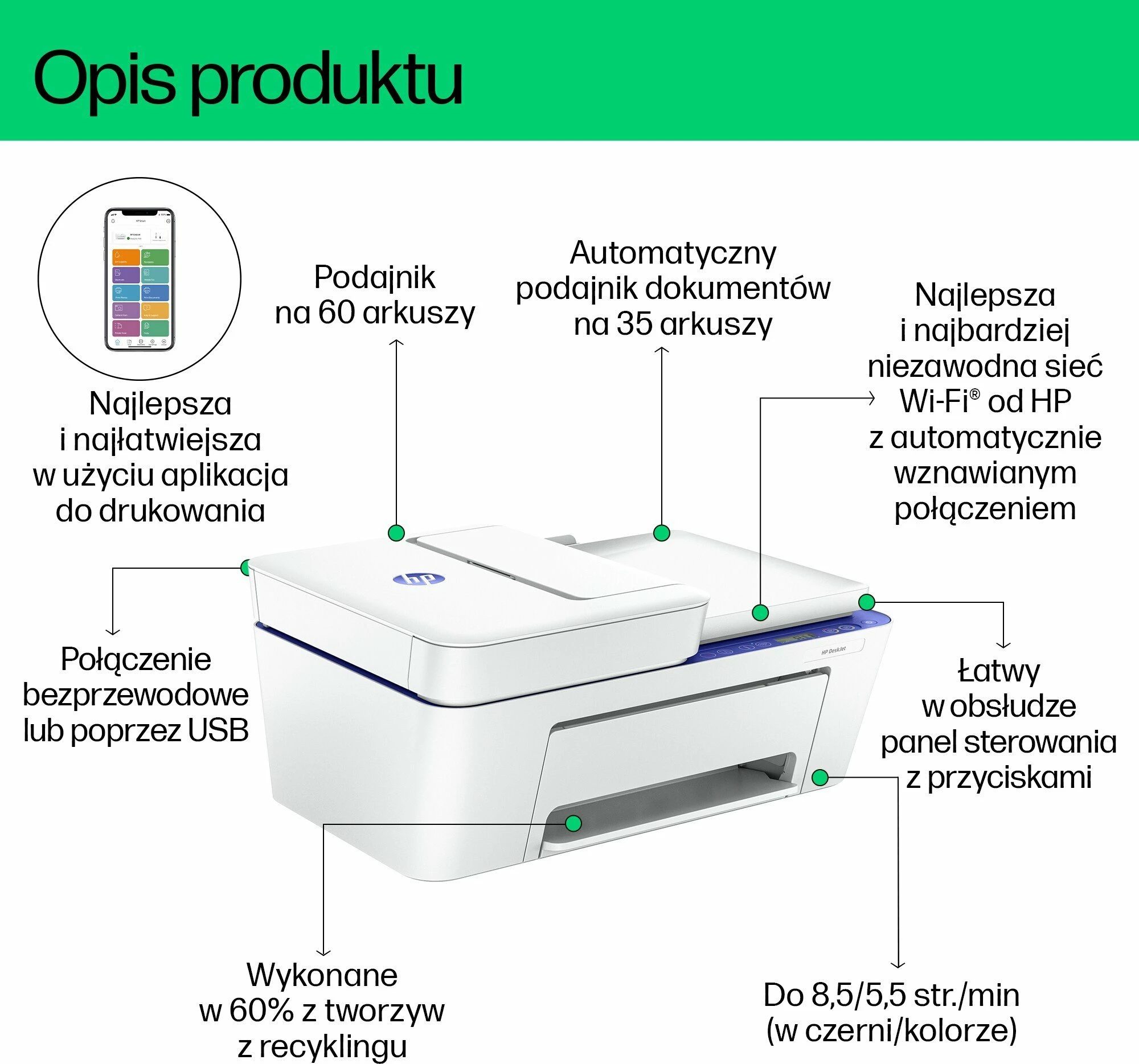 Printer multifunksional HP DeskJet 4230e 60K30B, inkjet ngjyrë, A4, Wi‑Fi, USB, ADF 35 fletë, blu