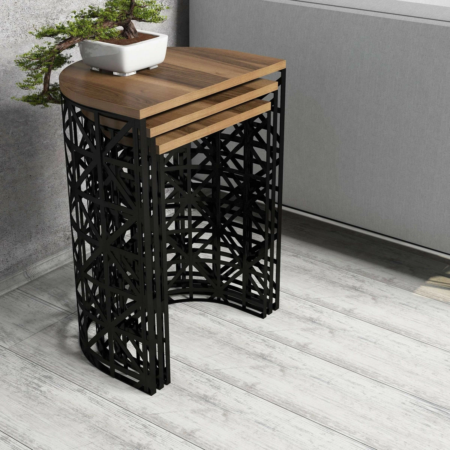 Set tavolinash ndihmëse (3 copë), Skye Decor, metal ferforje, ngjyrë arre