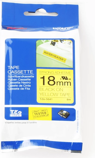 Kasetë shirit etiketimi Brother TZe-S641 18 mm x 8 m ngjitje e fortë, e zezë në të verdhë
