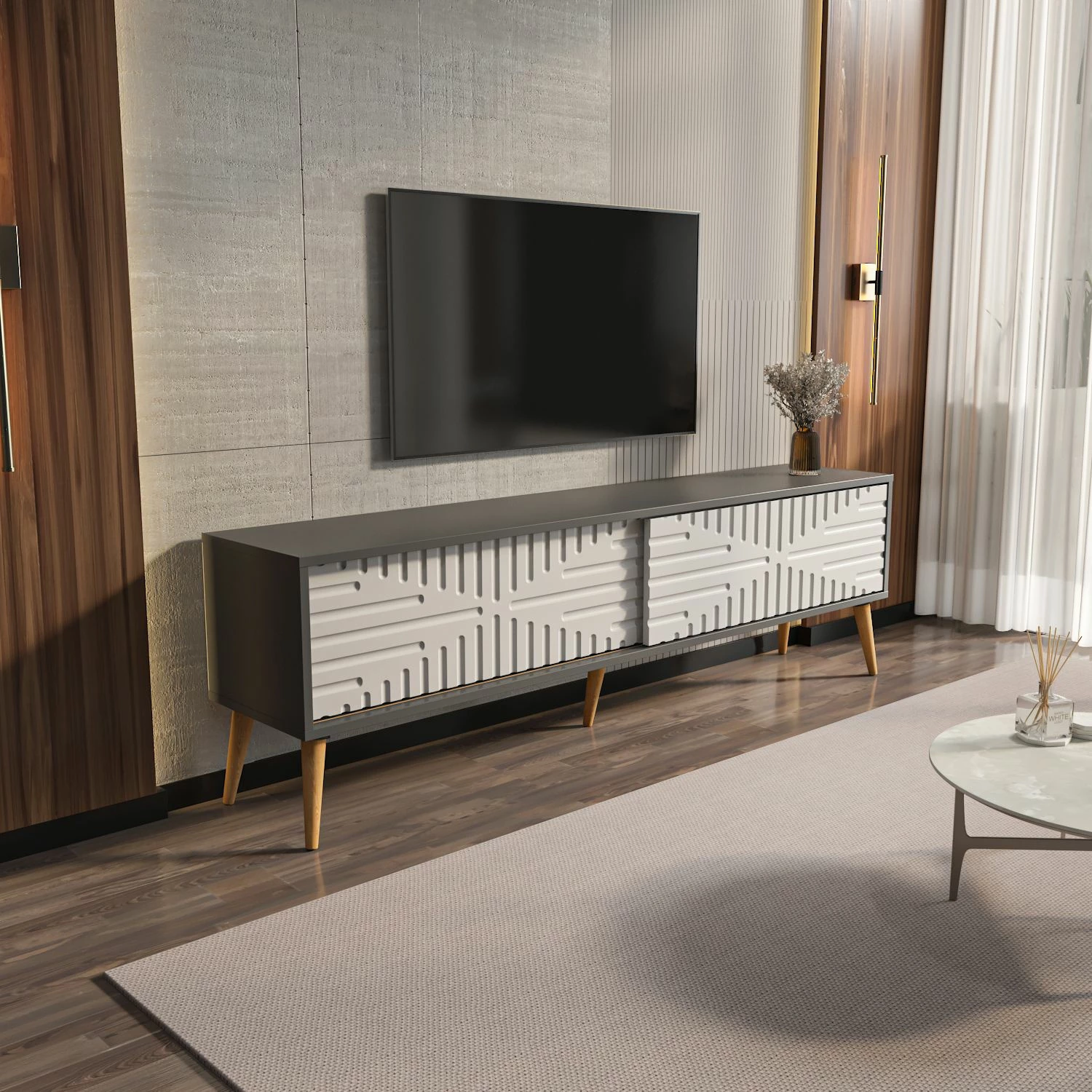 Komodë për TV, Skye Decor, ngjyrë antracit dhe e bardhë
