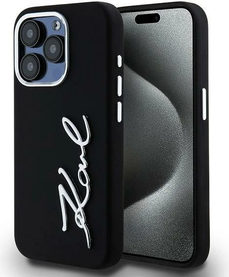 Mbështjellës Karl Lagerfeld Silicone Metal Script Logo për iPhone 15 Pro Max, i zi