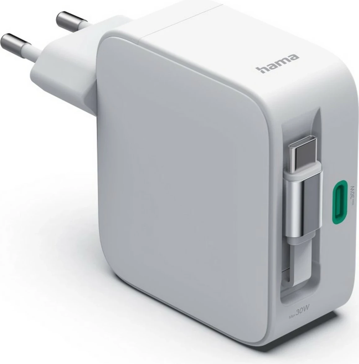 Karikues rrjeti Hama GaN 30W, 2x USB-C, kabllo e tërheqshme, i bardhë