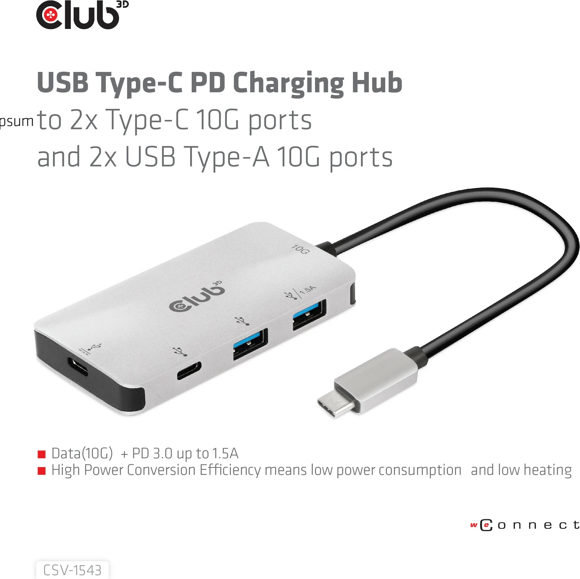 Adapter USB-C Club3D CSV-1543, 2x USB-C, 2x USB-A, 100W, zi/argjendtë