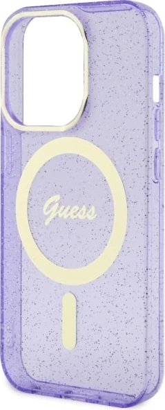 Mbështjellës Guess GUHMP14LHCMCGU për iPhone 14 Pro 6.1", Glitter Gold MagSafe, vjollcë