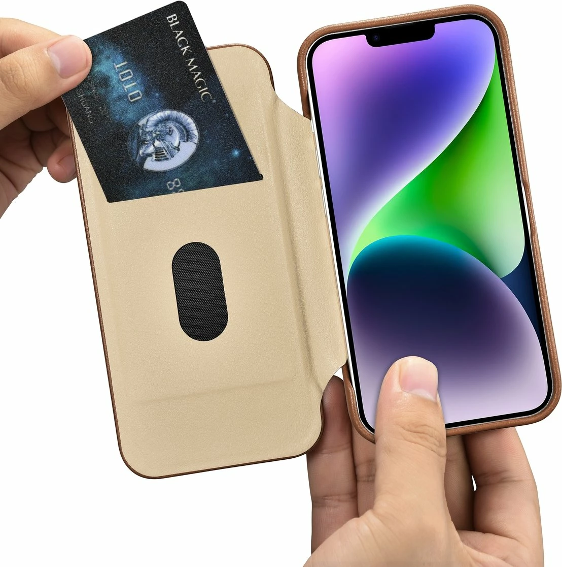 Mbështjellës lëkure iCarer CE Premium Folio për iPhone 14, MagSafe, kafe